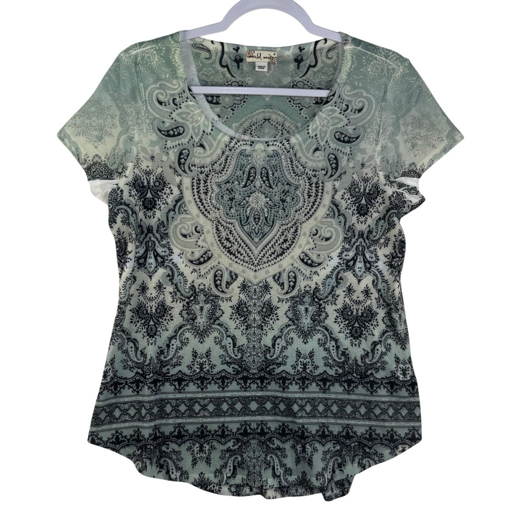 World Unity Womens Sage Green Navy Paisley Scoop Neck Rhinestone Knit Top Medium
